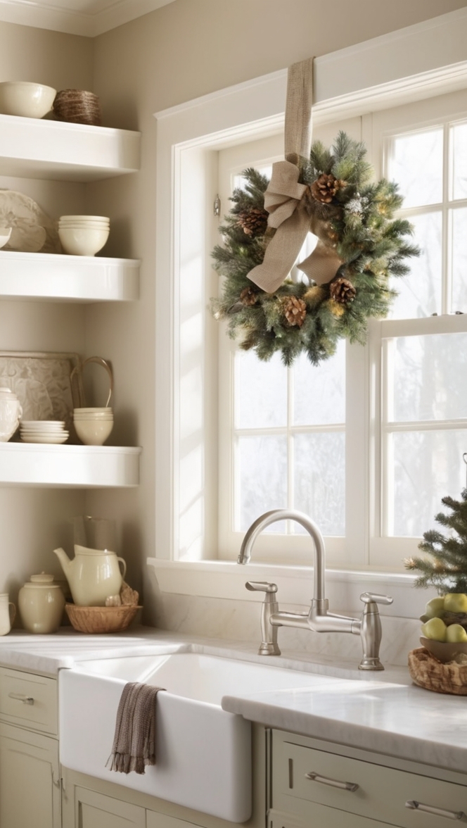 kitchen counter decor ideas, holiday kitchen decorations, festive countertop decor, Christmas kitchen displays, elegant countertop arrangements