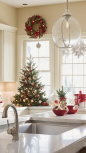 kitchen counter decor ideas, holiday kitchen decorations, festive countertop decor, Christmas kitchen displays, elegant countertop arrangements