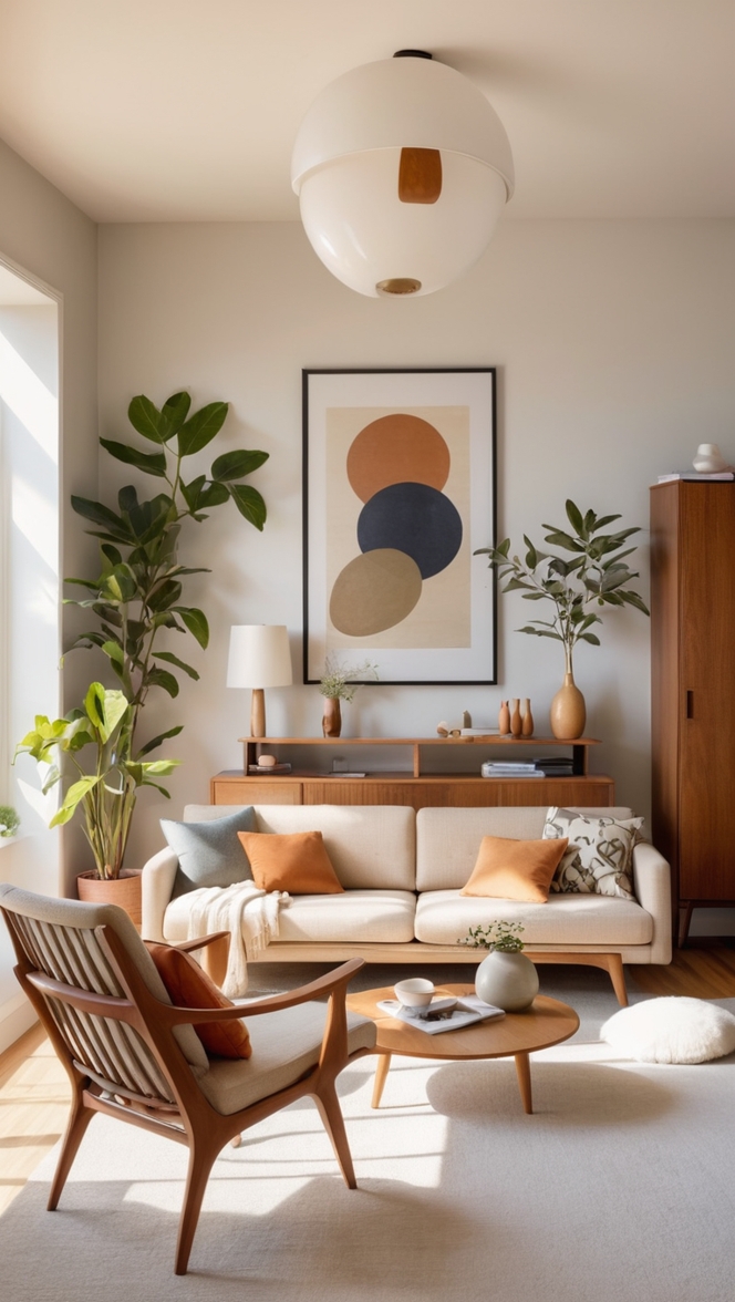 How can I incorporate mid-century modern and Japandi styles in my living room? ?