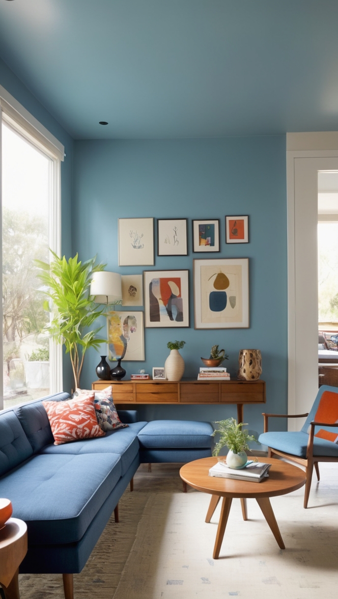 How can I style a mid century modern living room with a blue couch? ?