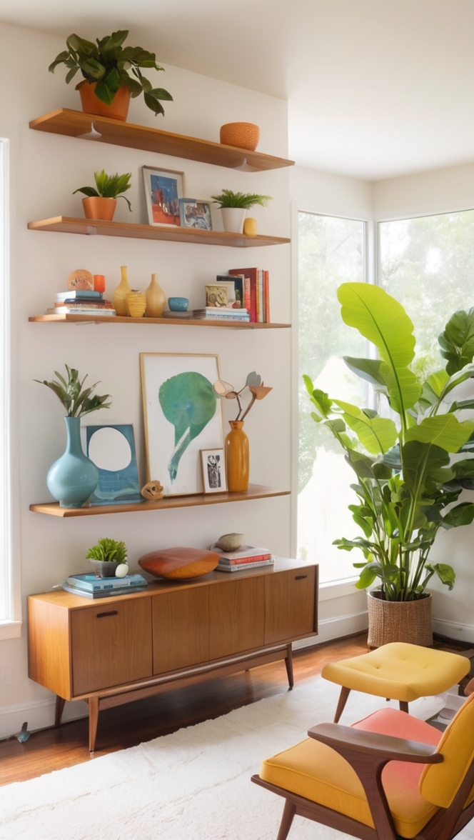 How can I style my living room with mid century modern shelves? ?