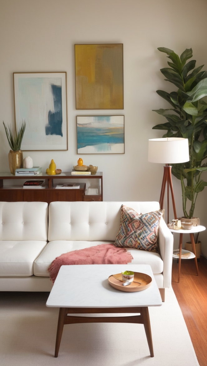 mid century modern furniture, modern living room decor, white sofa, contemporary home design, minimalist interior