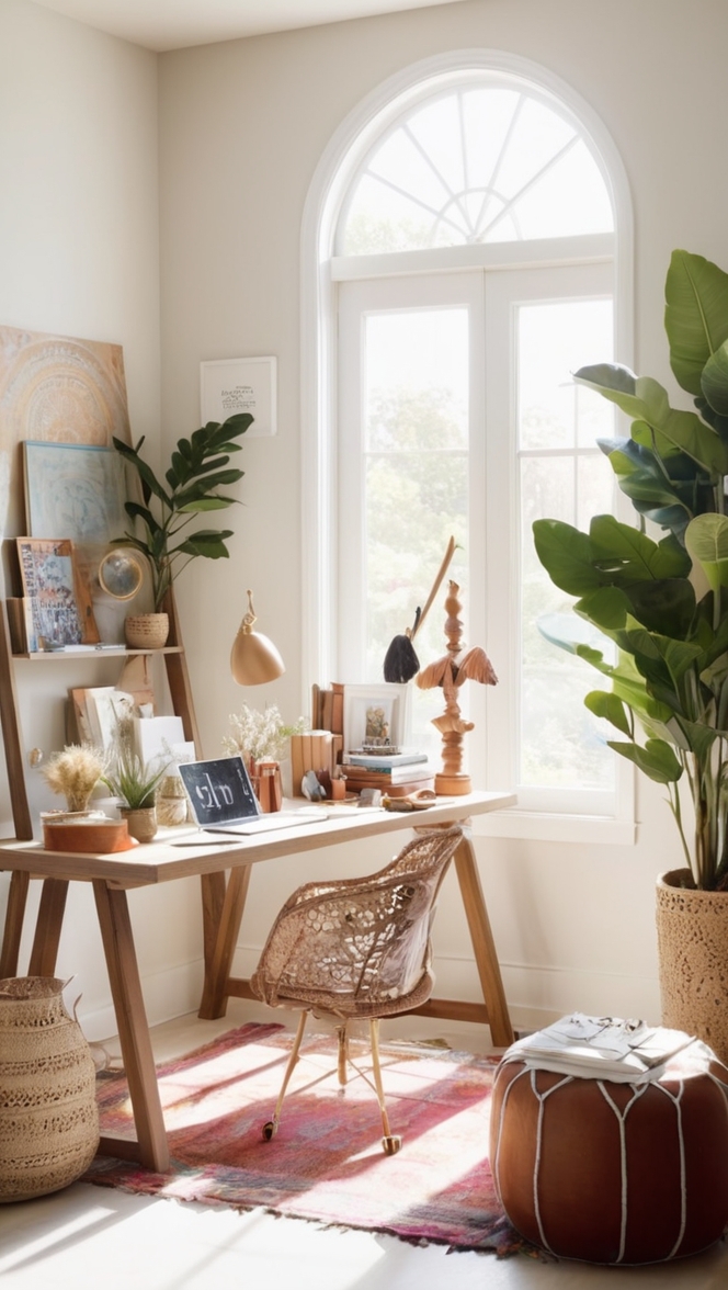 modern bohemian home decor, boho chic office decor, contemporary boho workspace, trendy boho desk accessories, stylish boho home office furniture