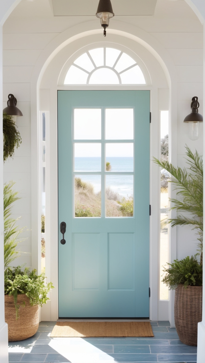 How would I style a modern coastal front door to create a welcoming entrance? ?