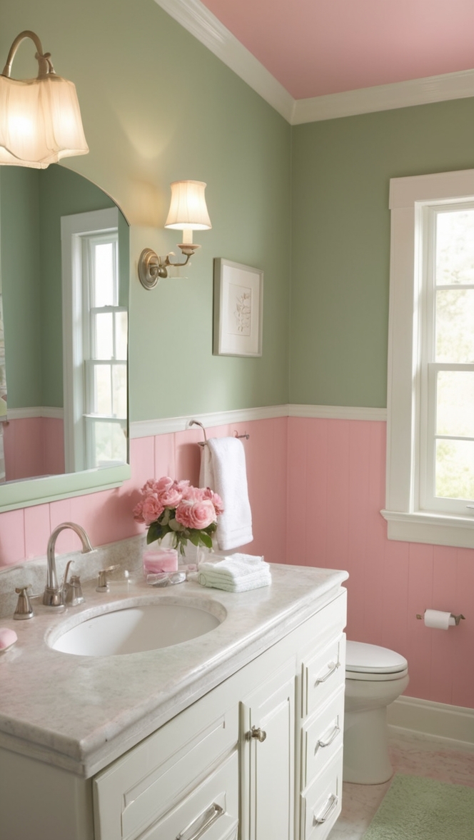pink bathroom decor, sage green bathroom accessories, pastel colored bathroom ideas, trendy bathroom color schemes, modern bathroom design trends