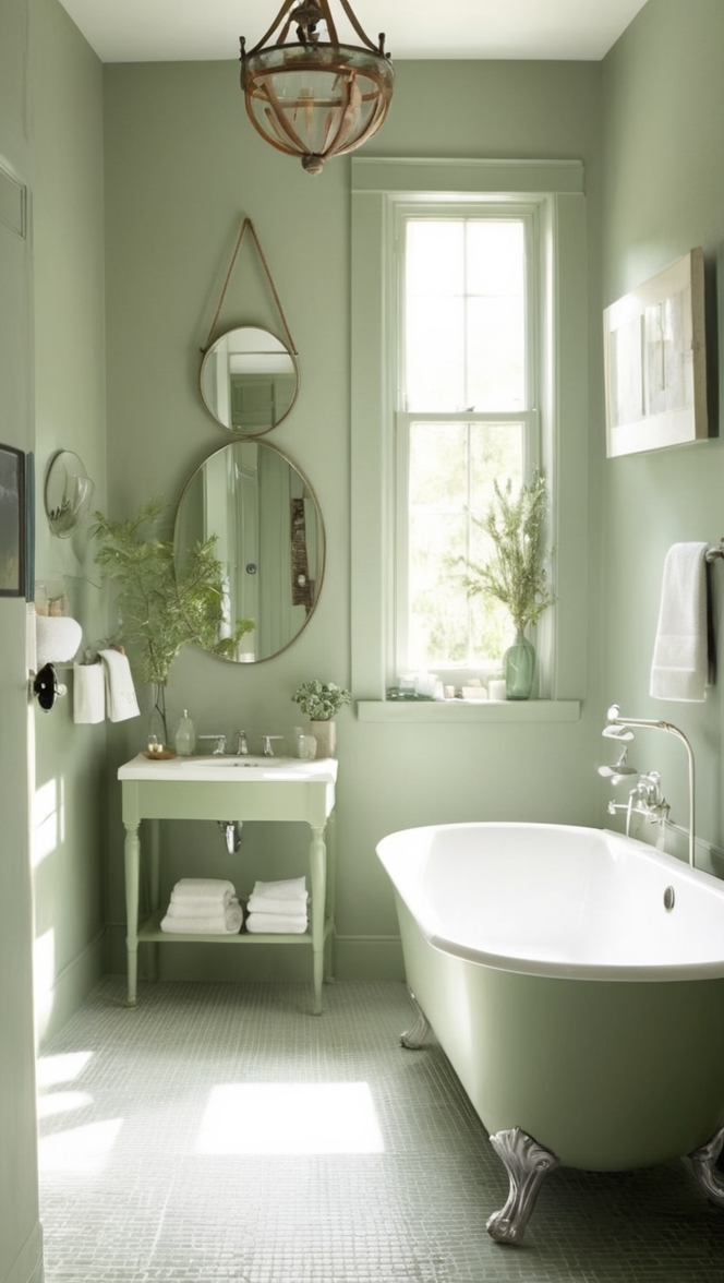 How can I incorporate sage green and gray into my bathroom design? ?