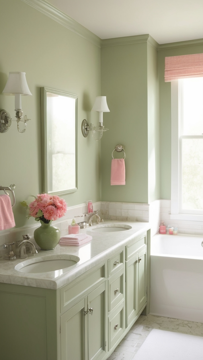 sage green bathroom decor, pink bathroom accessories, sage green towels, pink shower curtain, sage green rugs