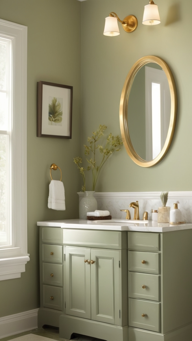 sage green bathroom, gold accents, bathroom decor, luxury bathroom, green and gold color scheme