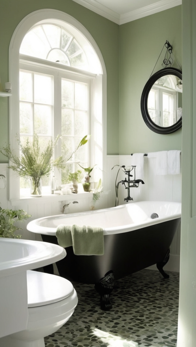 sage green bathroom decor, black and white bathroom design, modern sage green bathroom, elegant black and white bathroom, luxurious sage green and black bathroom
