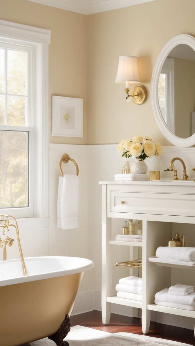 white bathroom decor, gold bathroom accessories, luxury bathroom design, modern white tiles, elegant gold fixtures