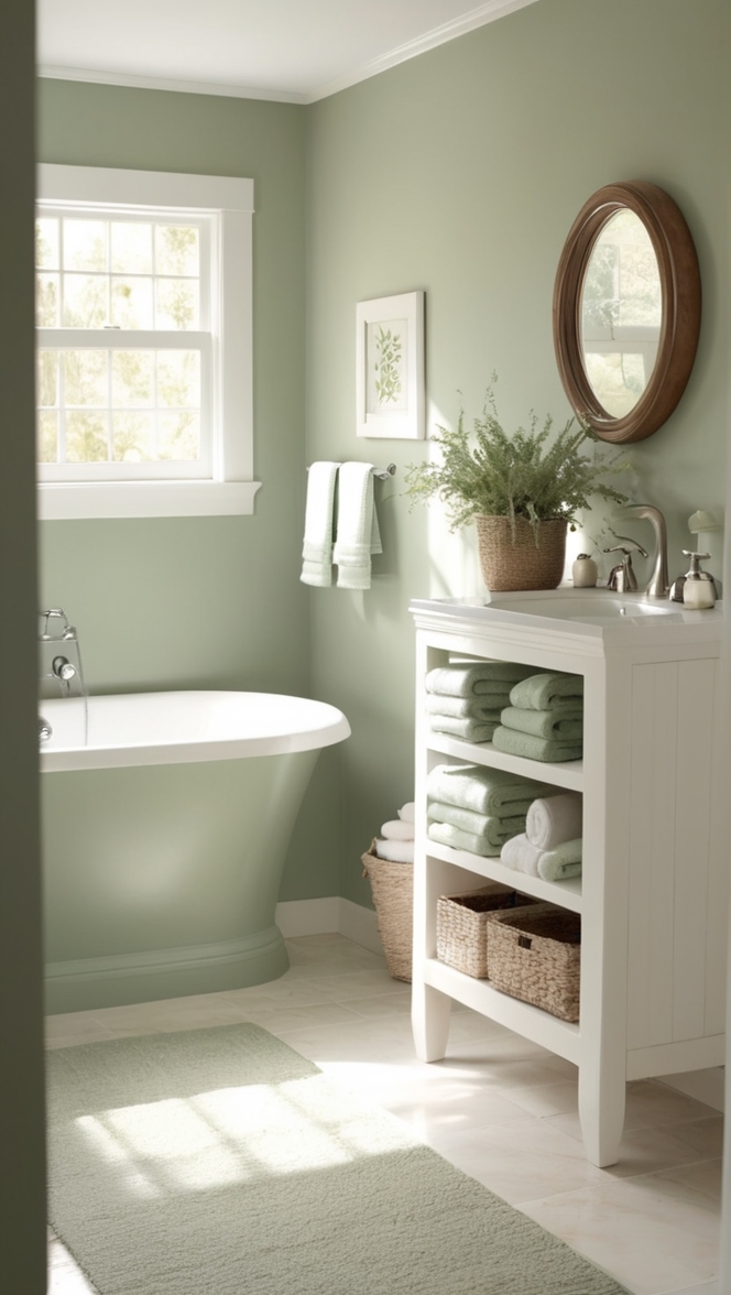 sage green bathroom decor, white bathroom accessories, sage green shower curtain, white bathroom tiles, sage green bath mat