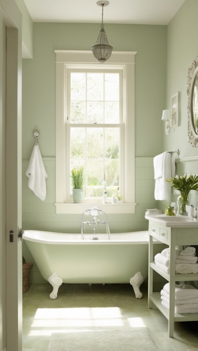 How would I decorate a white and sage green bathroom for a fresh and serene look? ?
