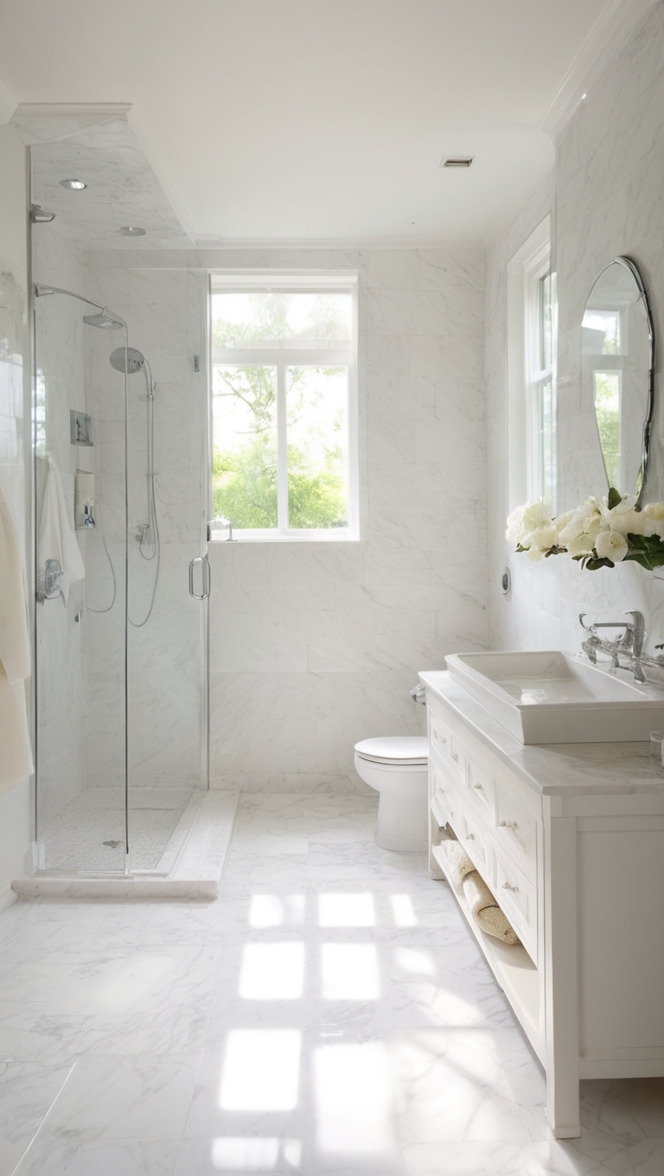 How can I create a luxurious white marble tile bathroom? ?