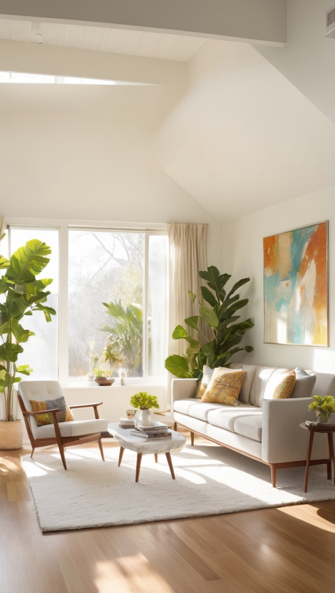 How can I style a white mid-century modern living room for a cozy feel? ?