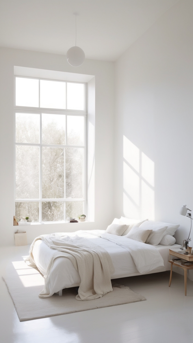 How would I design a white minimalist bedroom for maximum peace and relaxation? ?
